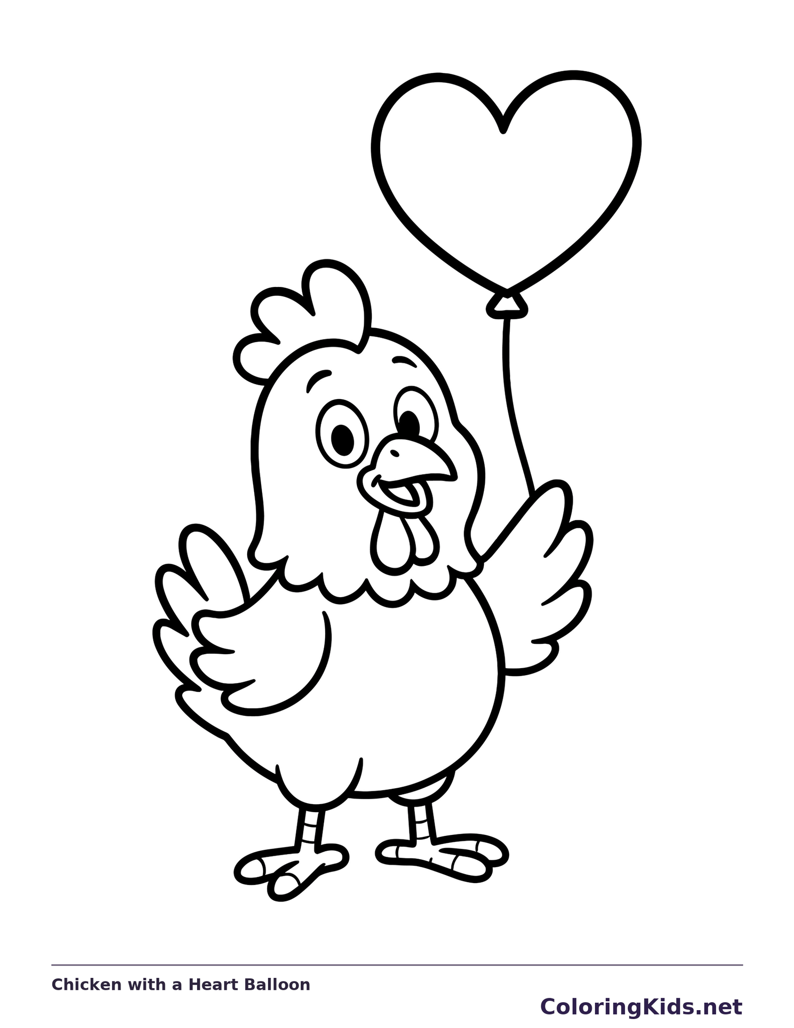 Cartoon chicken holding a heart-shaped balloon on a string