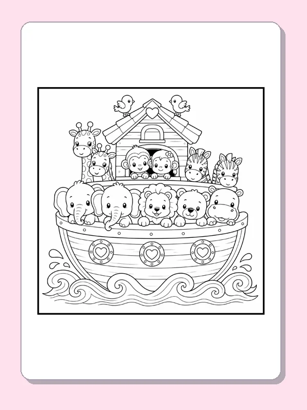 Black and white Christian coloring page: pairs of little animals ride together in a rounded ark above curling water