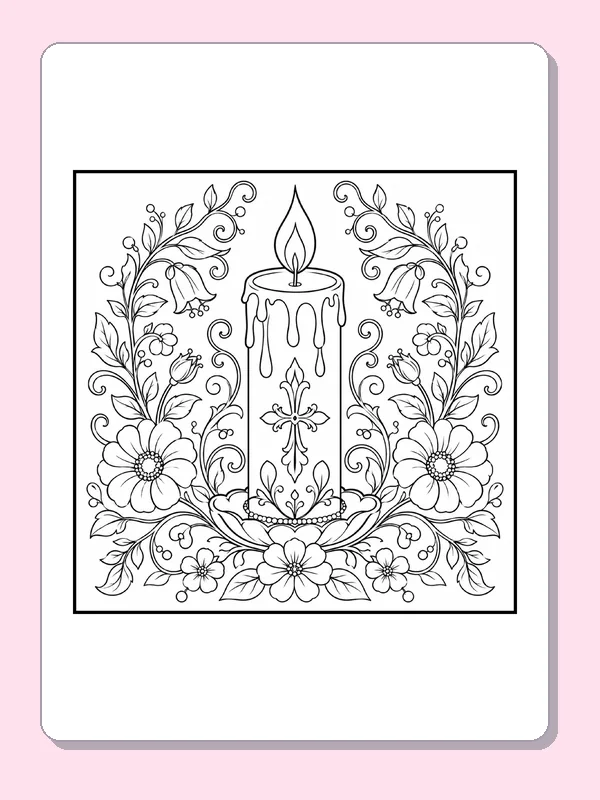 Black and white Christian coloring page: a tall candle stands between curling leaves and large flowers