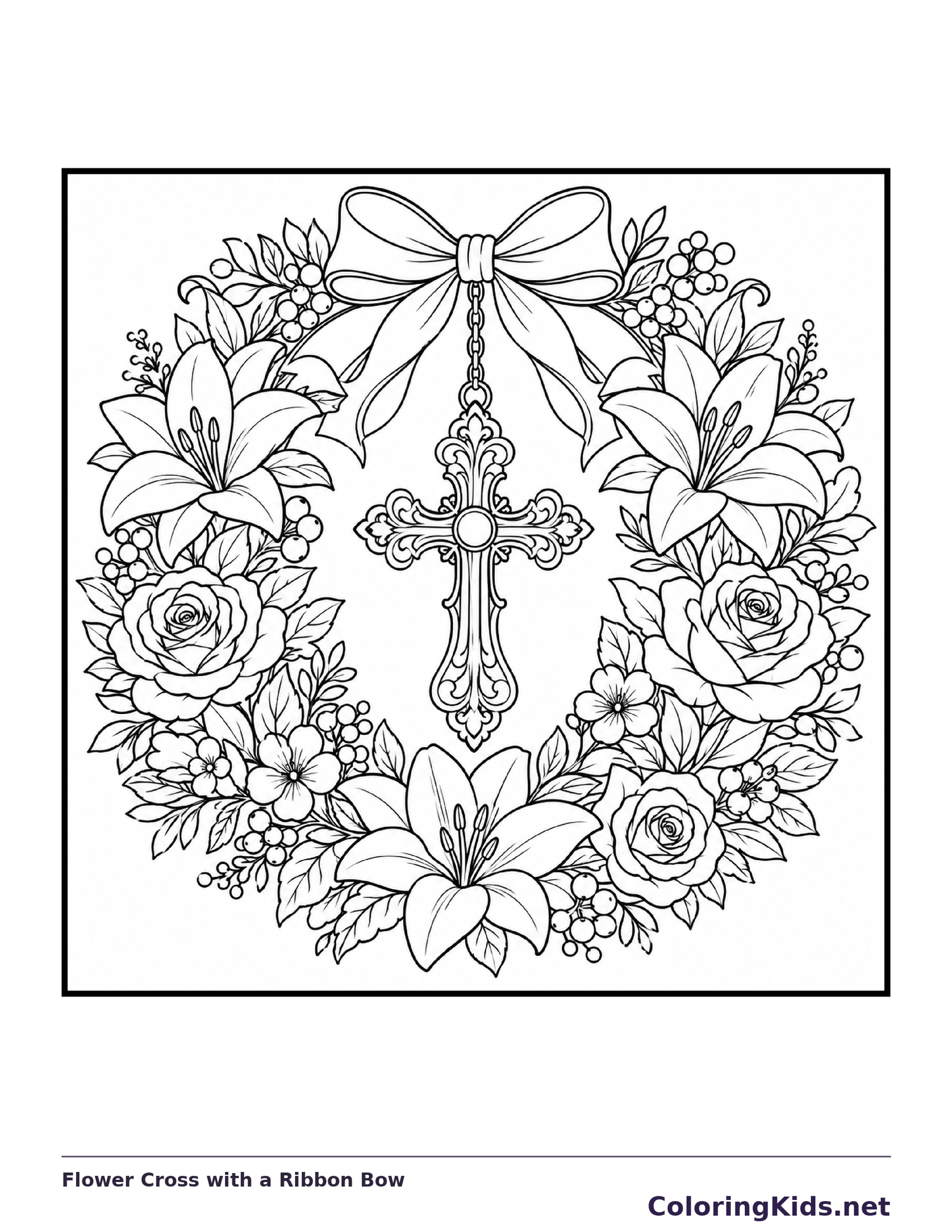 Black and white Christian coloring page: a patterned cross hangs below a ribbon bow among lilies and roses