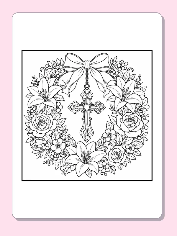 Black and white Christian coloring page: a patterned cross hangs below a ribbon bow among lilies and roses