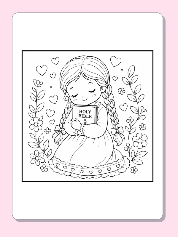 Black and white Christian coloring page: a girl closes her eyes while holding a Bible against her heart