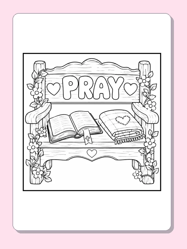 Black and white Christian coloring page: an open Bible rests on a wooden bench beneath the word pray
