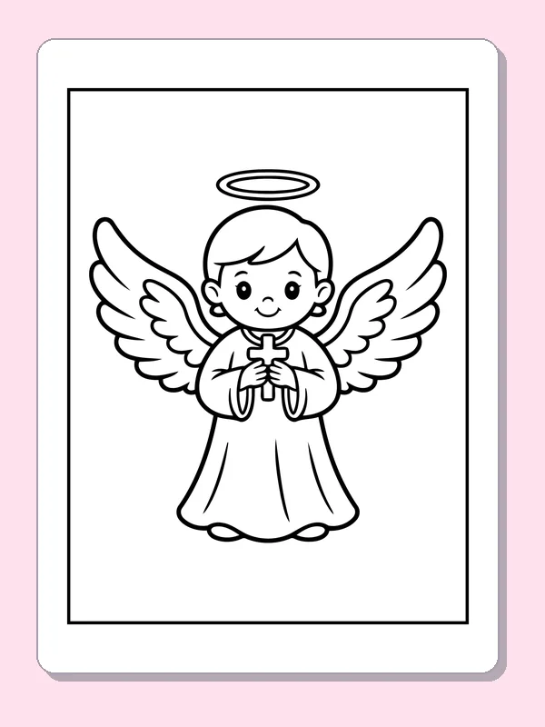 Black and white printable angel holding folded hands coloring sheet