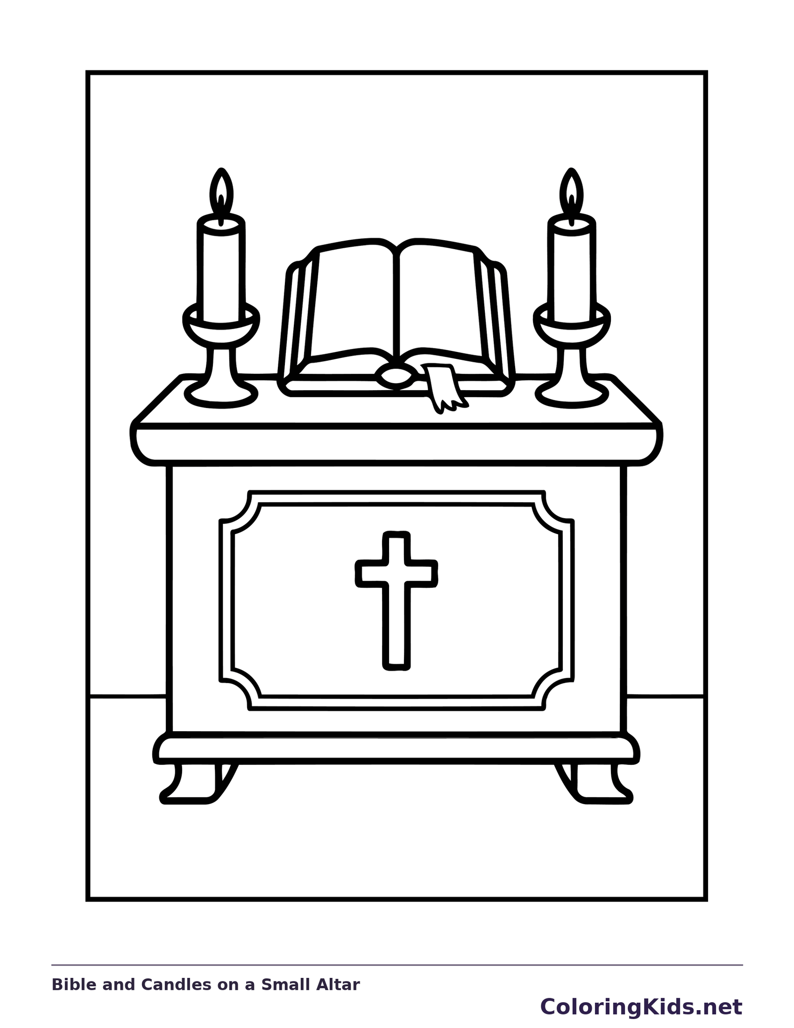 Black and white printable bible and candles on a small altar coloring sheet