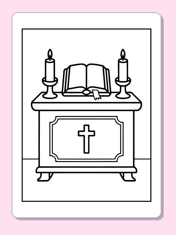 Black and white printable bible and candles on a small altar coloring sheet