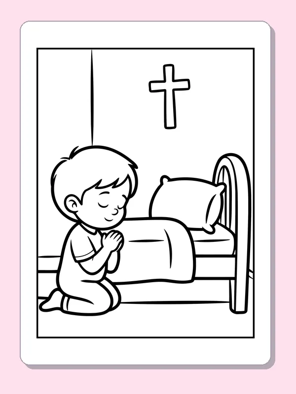 Black and white printable child praying beside the bed coloring sheet