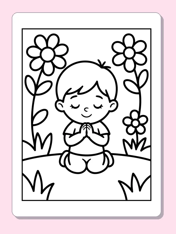 Black and white printable child praying between two flowers coloring sheet