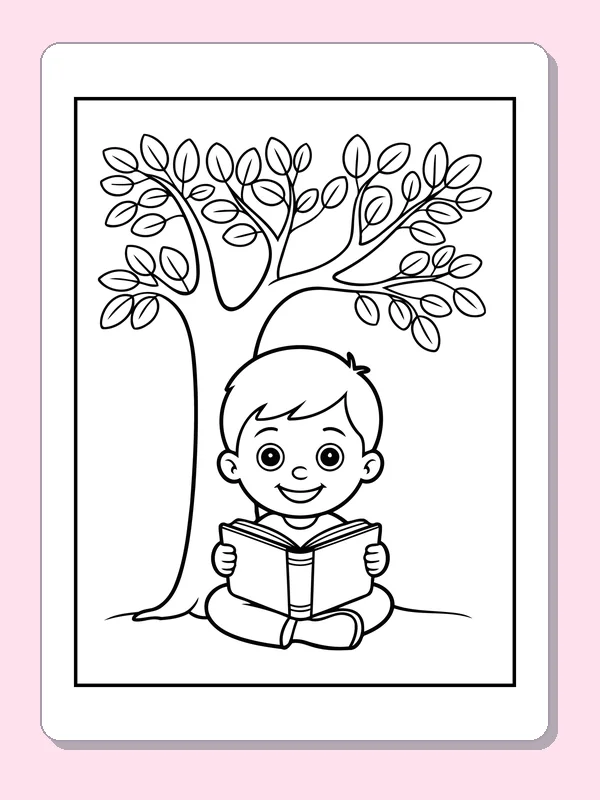 Black and white printable child reading beneath a leafy tree coloring sheet