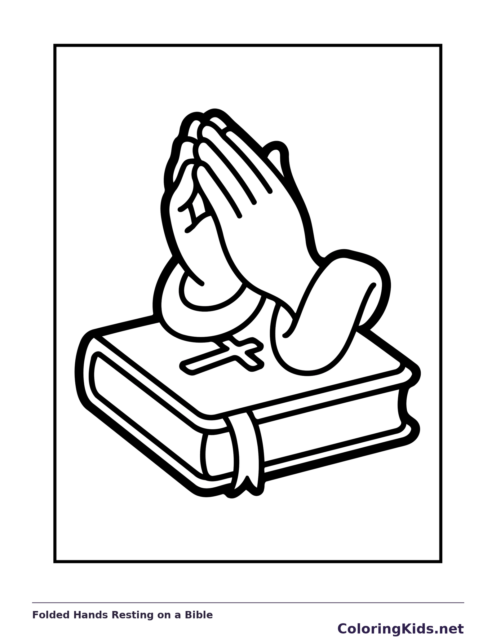 Black and white printable folded hands resting on a bible coloring sheet