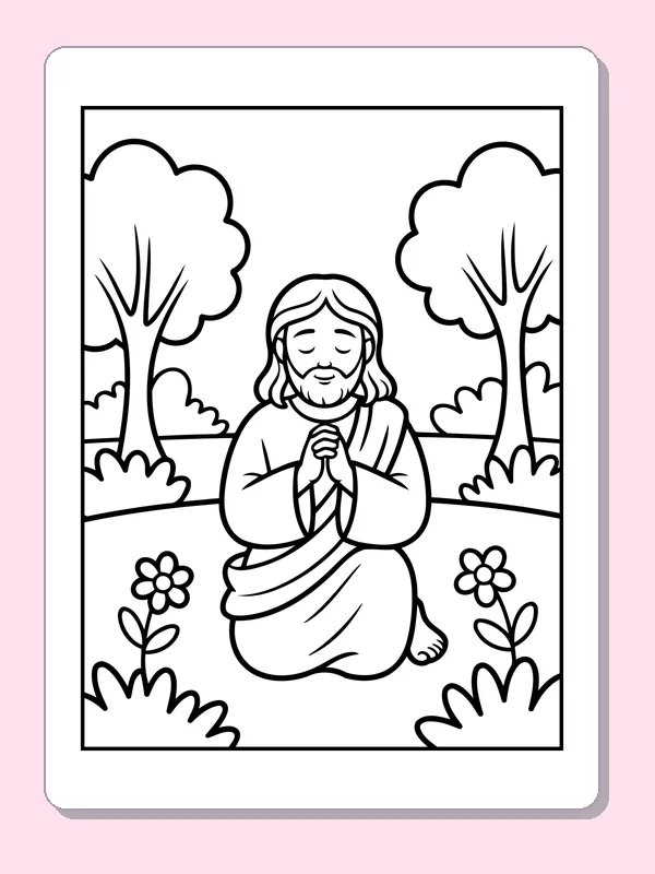 Black and white printable jesus praying among garden flowers coloring sheet