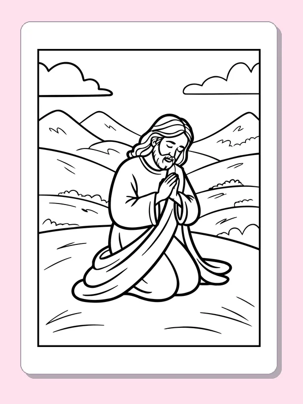Black and white printable jesus praying in a wide valley coloring sheet