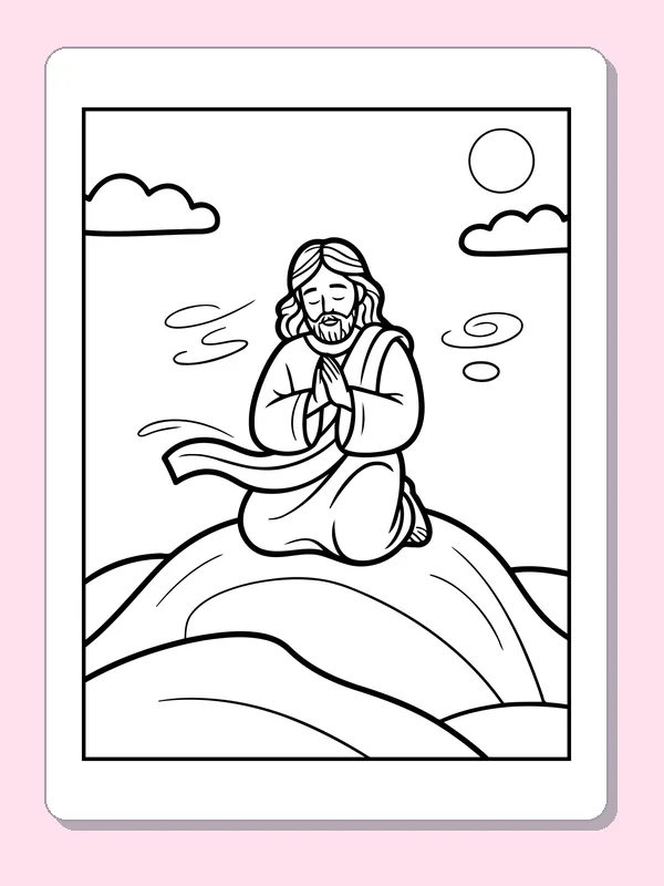 Black and white printable jesus praying on a hill coloring sheet