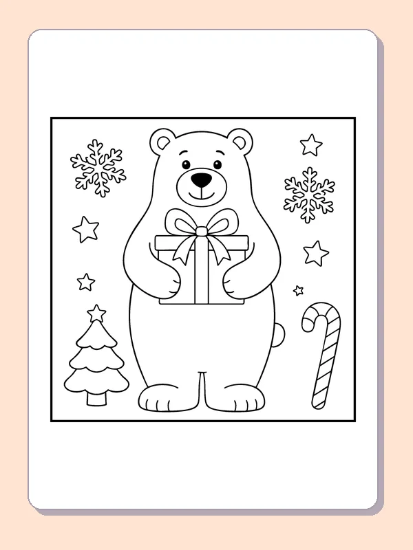 Bear Carrying a Gift coloring page: black and white line art to print or color online
