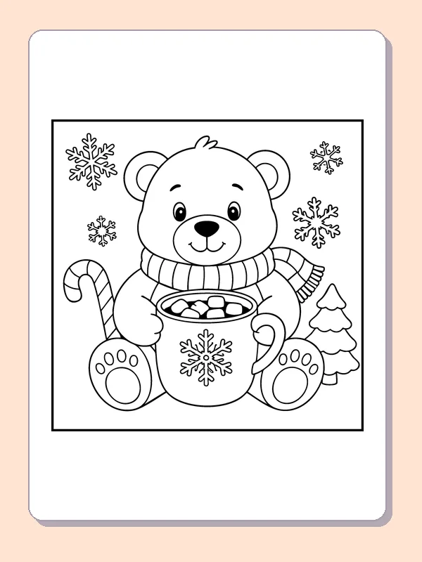 Bear with Hot Chocolate coloring page: black and white line art to print or color online