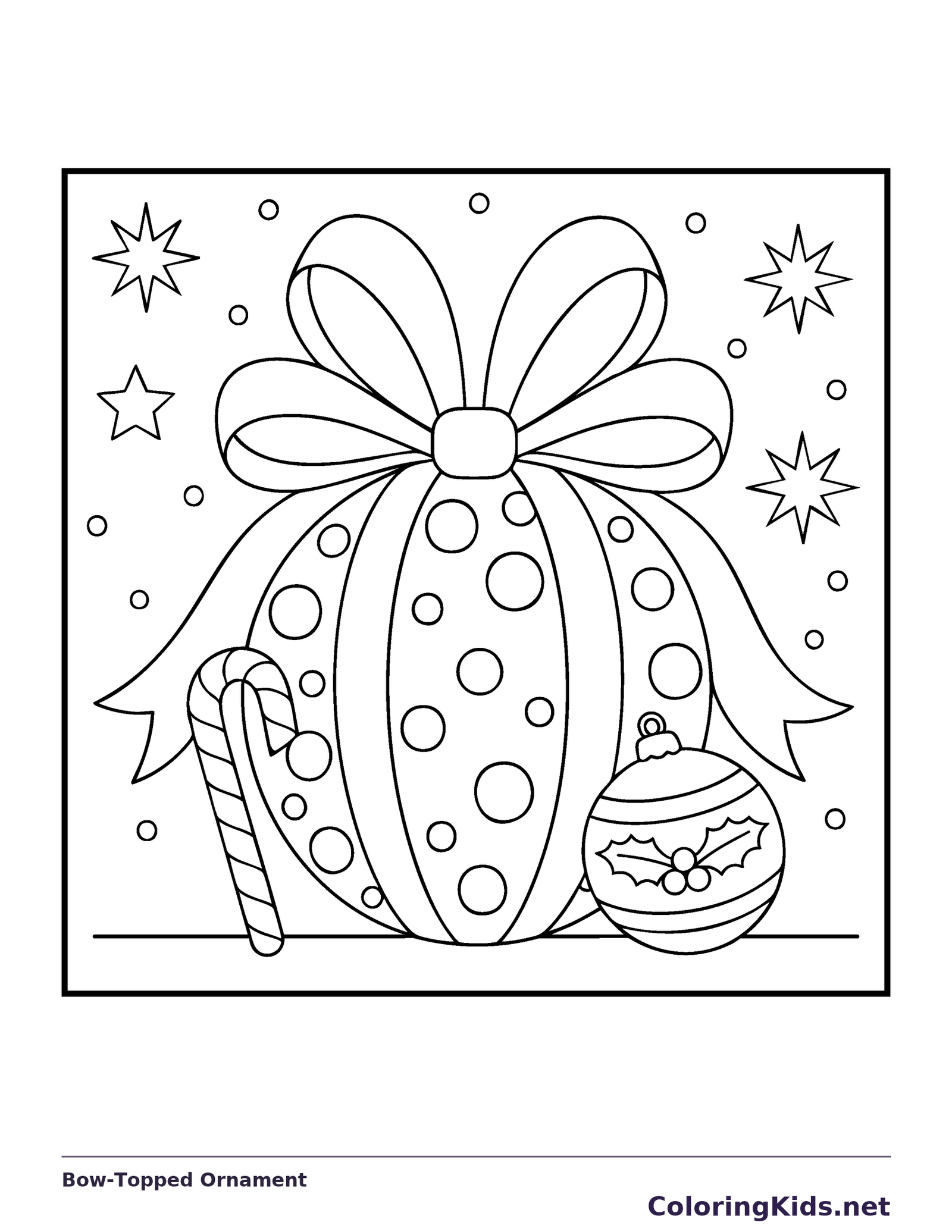 Bow-Topped Ornament coloring page: black and white line art to print or color online