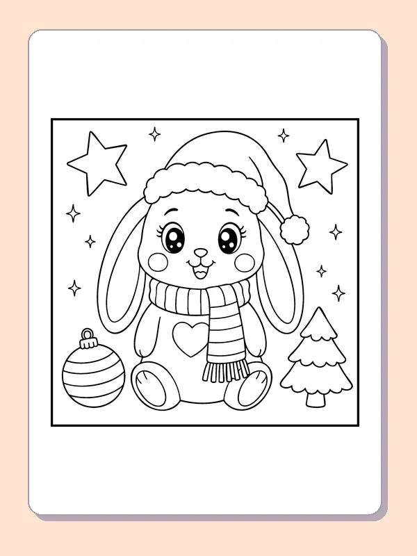 Bunny in a Winter Hat coloring page: black and white line art to print or color online