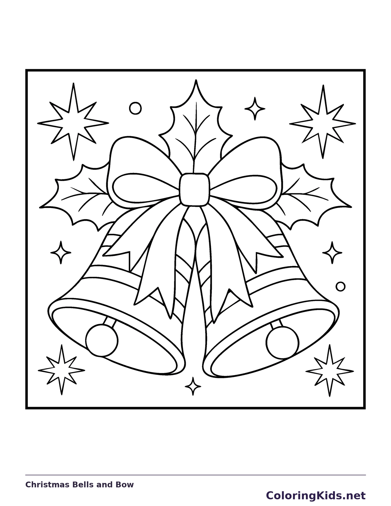 Christmas Bells and Bow coloring page: black and white line art to print or color online