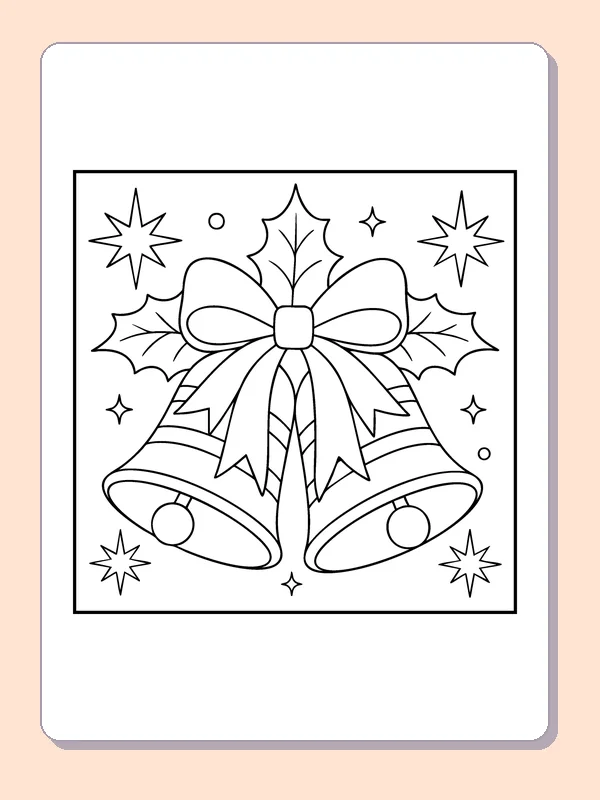 Christmas Bells and Bow coloring page: black and white line art to print or color online