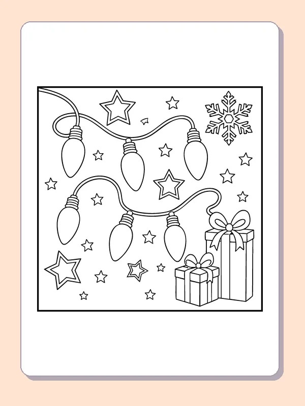 Christmas String Lights coloring page: black and white line art to print or color online