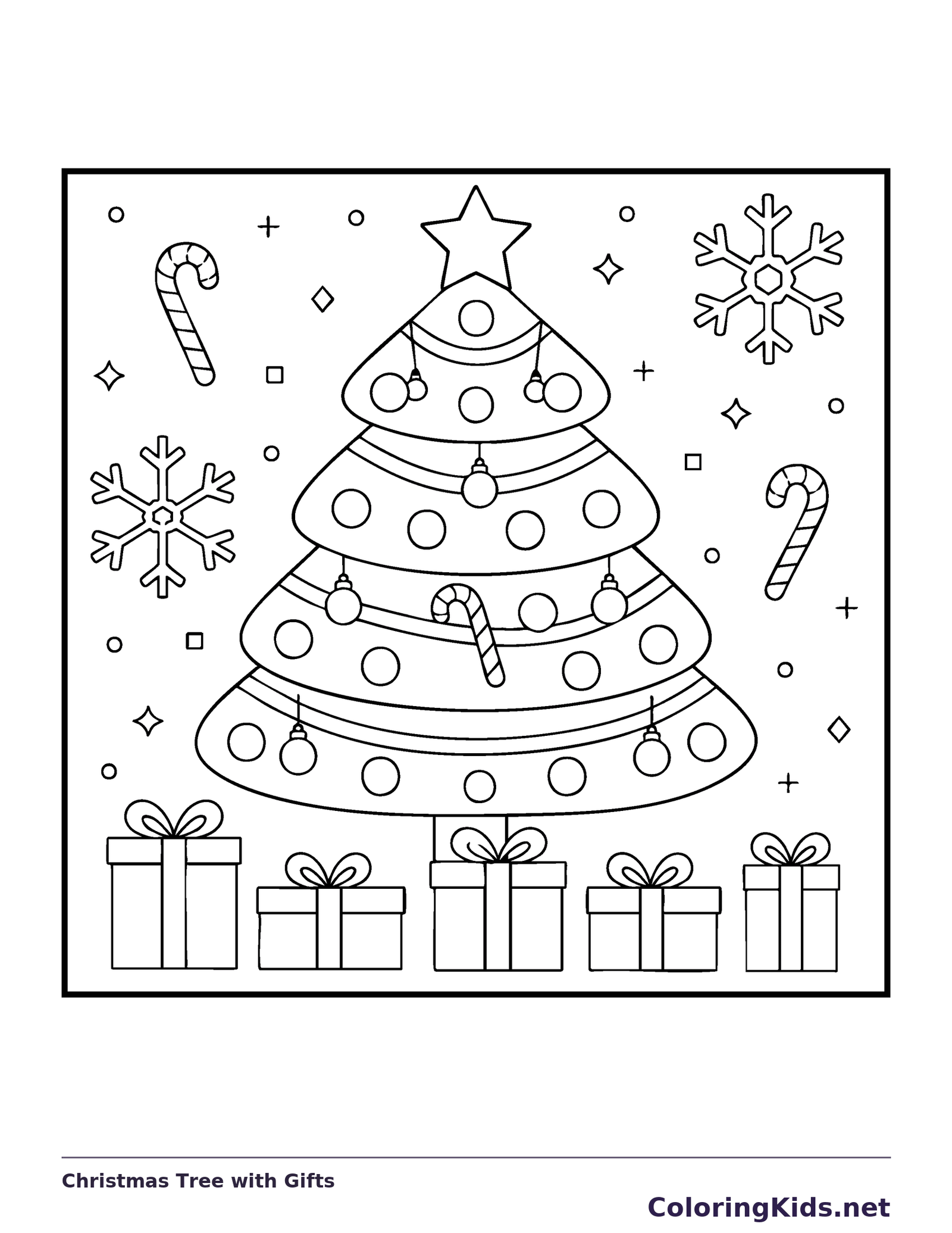 Christmas Tree with Gifts coloring page: black and white line art to print or color online