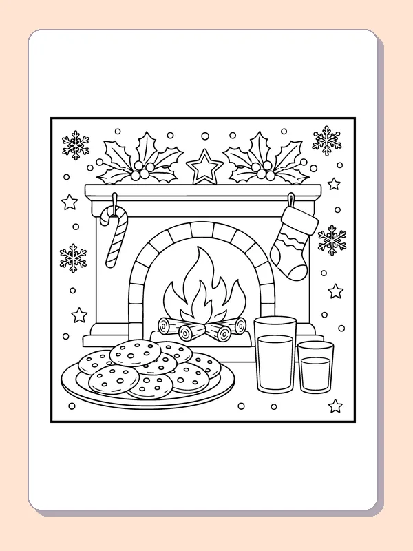 Cookies by the Fireplace coloring page: black and white line art to print or color online