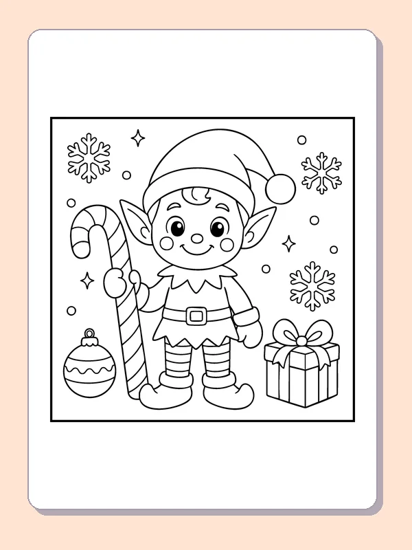 Elf between Candy Canes coloring page: black and white line art to print or color online