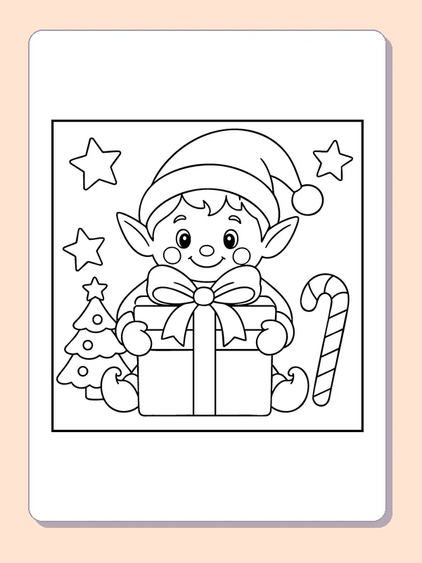 Elf Holding a Present coloring page: black and white line art to print or color online