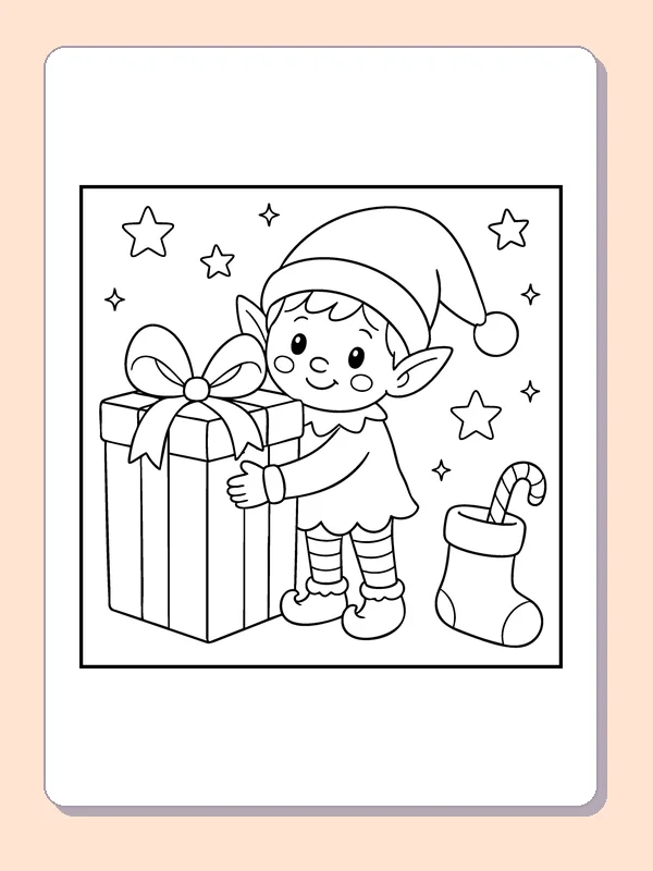 Elf with a Giant Gift coloring page: black and white line art to print or color online