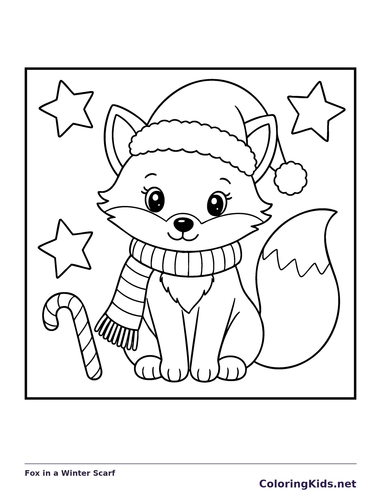 Fox in a Winter Scarf coloring page: black and white line art to print or color online