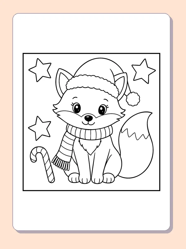 Fox in a Winter Scarf coloring page: black and white line art to print or color online