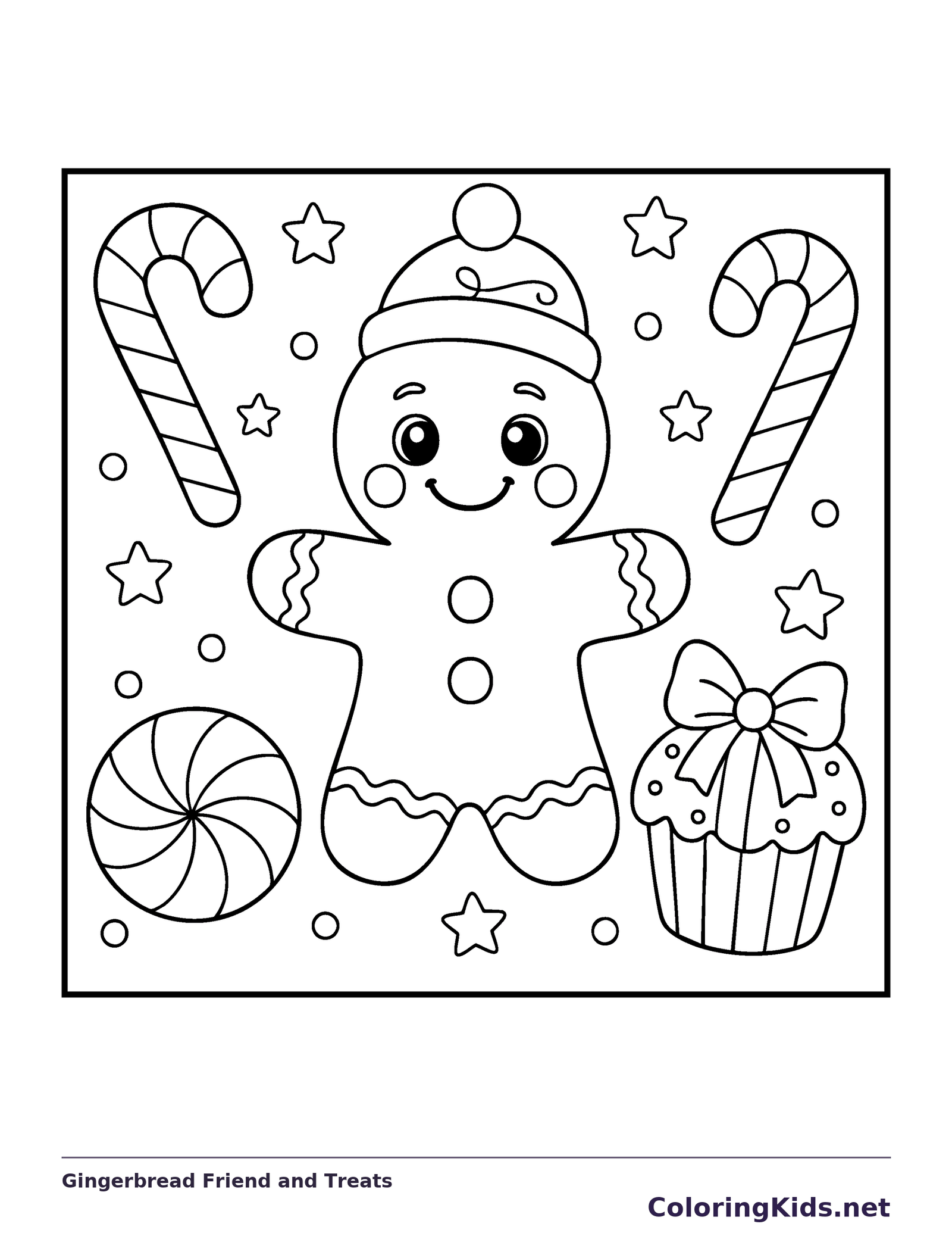 Gingerbread Friend and Treats coloring page: black and white line art to print or color online