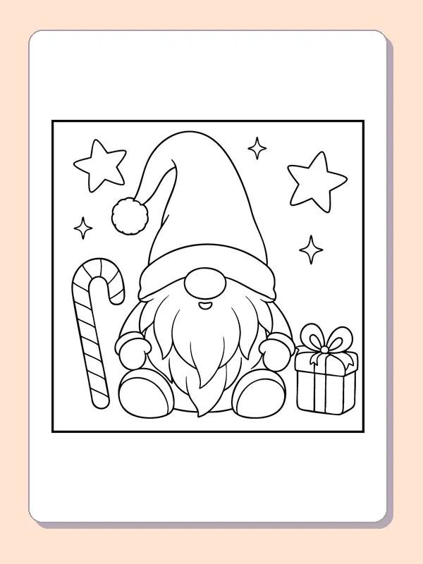 Gnome with a Gift coloring page: black and white line art to print or color online