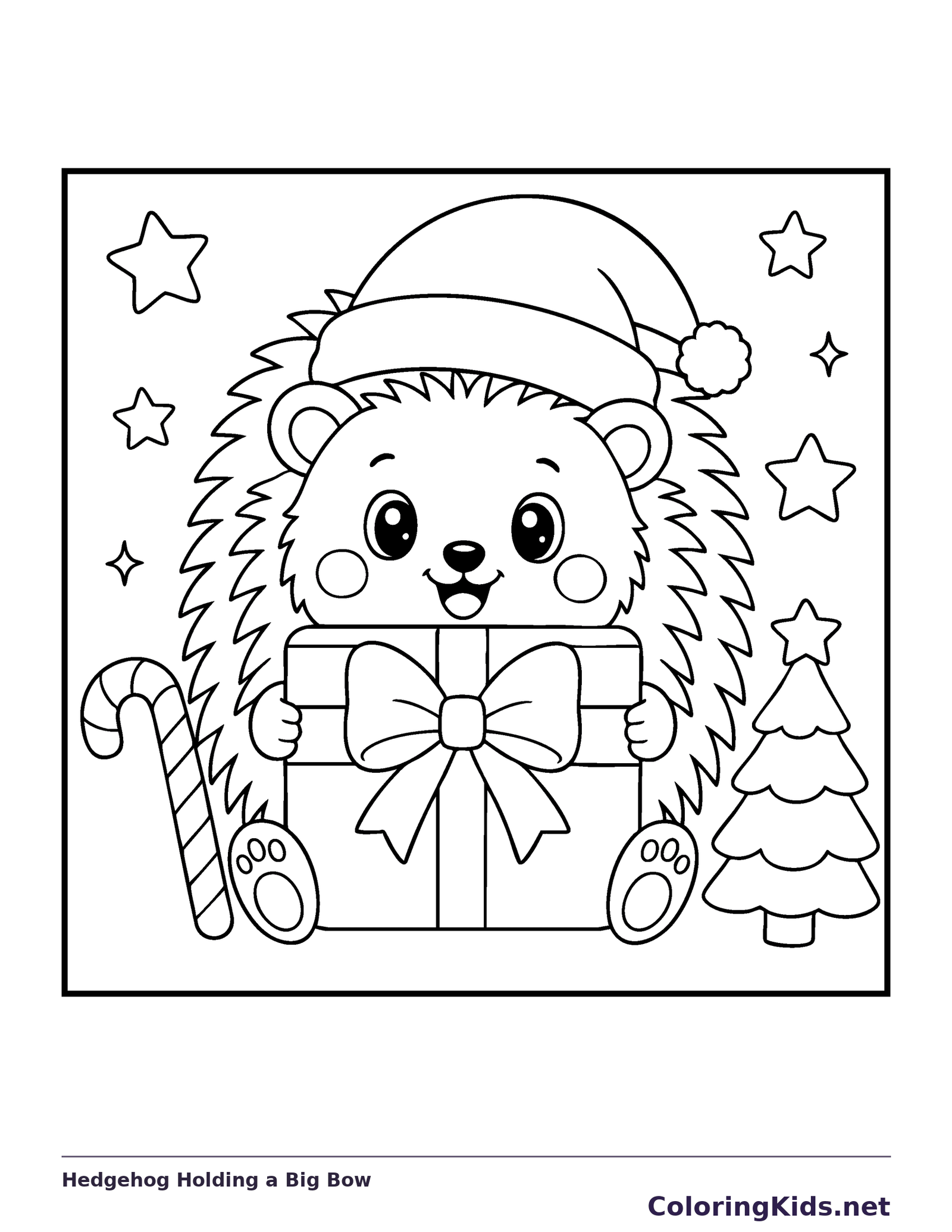 Hedgehog Holding a Big Bow coloring page: black and white line art to print or color online