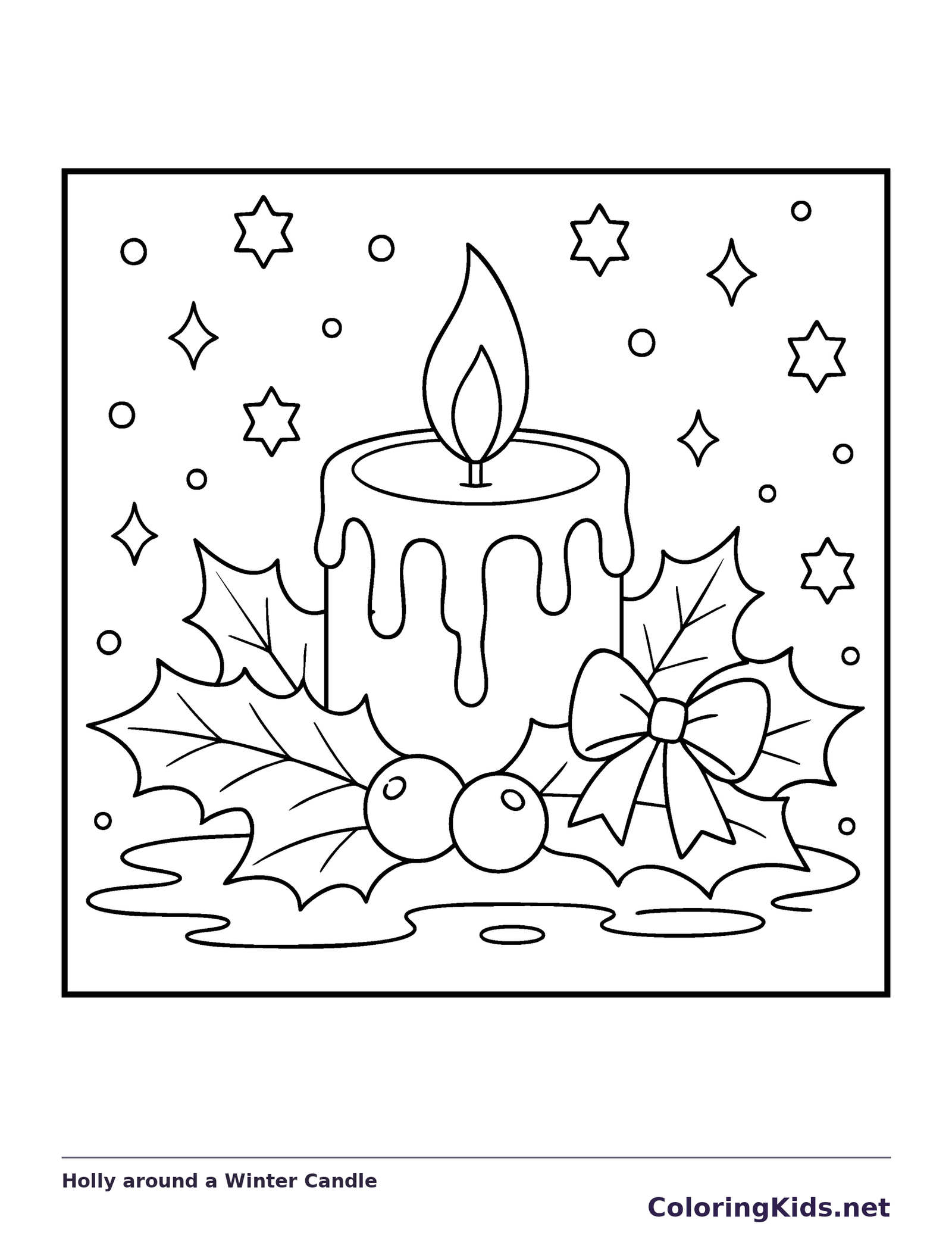 Holly around a Winter Candle coloring page: black and white line art to print or color online