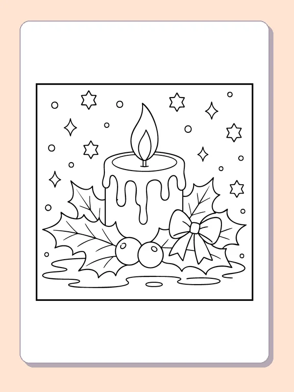 Holly around a Winter Candle coloring page: black and white line art to print or color online