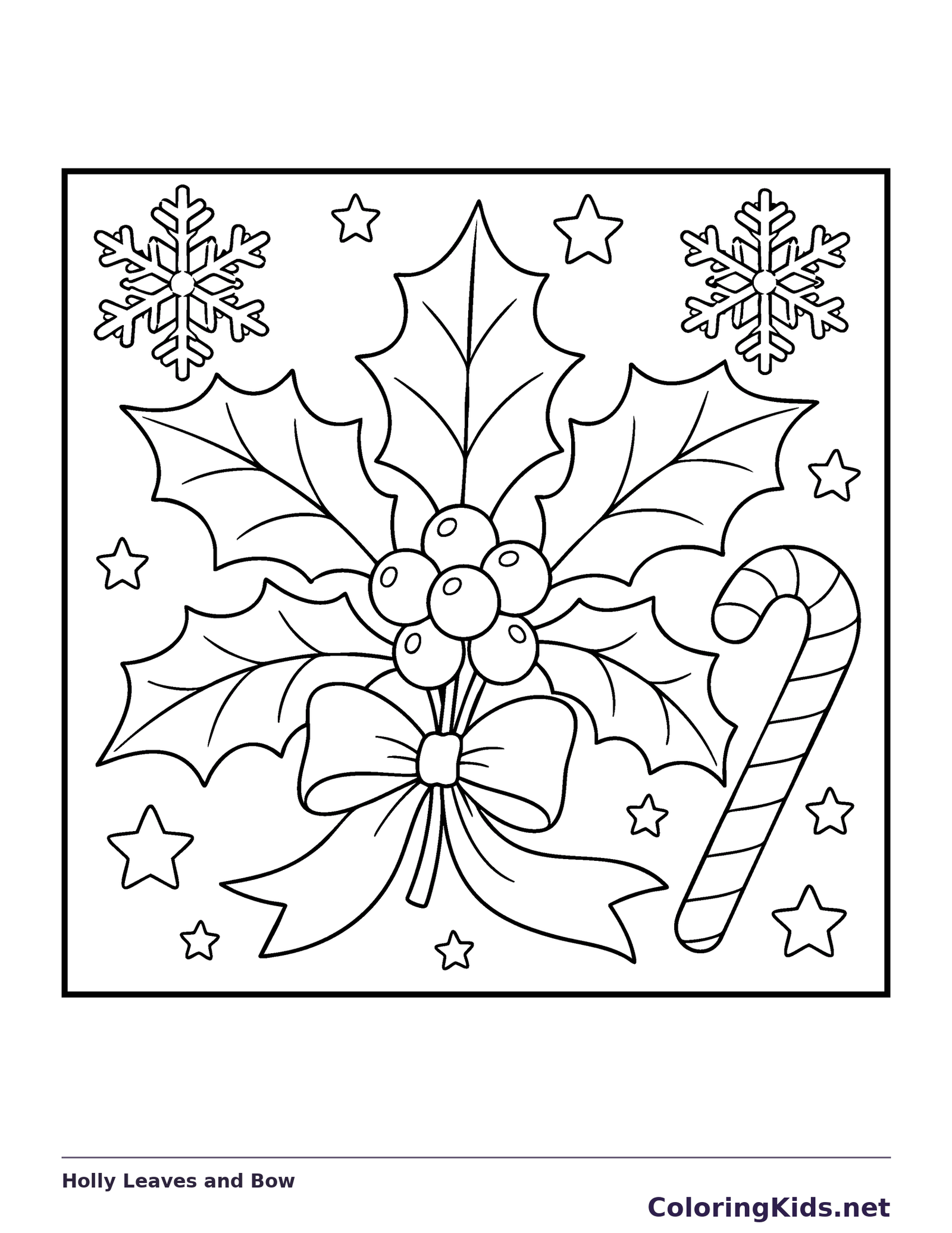 Holly Leaves and Bow coloring page: black and white line art to print or color online