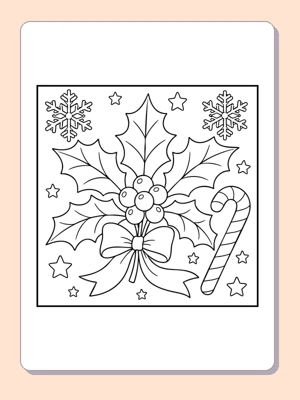 Holly Leaves and Bow coloring page: black and white line art to print or color online