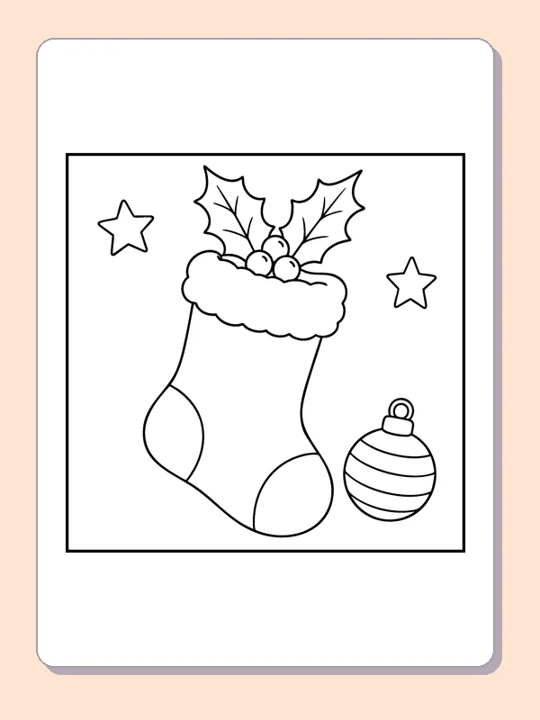 Holly-Stuffed Stocking coloring page: black and white line art to print or color online
