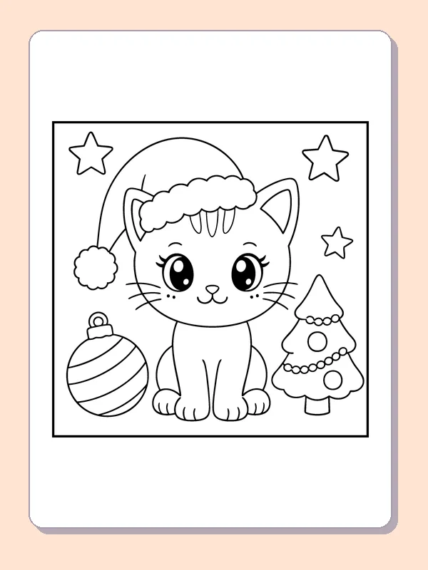 Kitten in a Santa Hat coloring page: black and white line art to print or color online