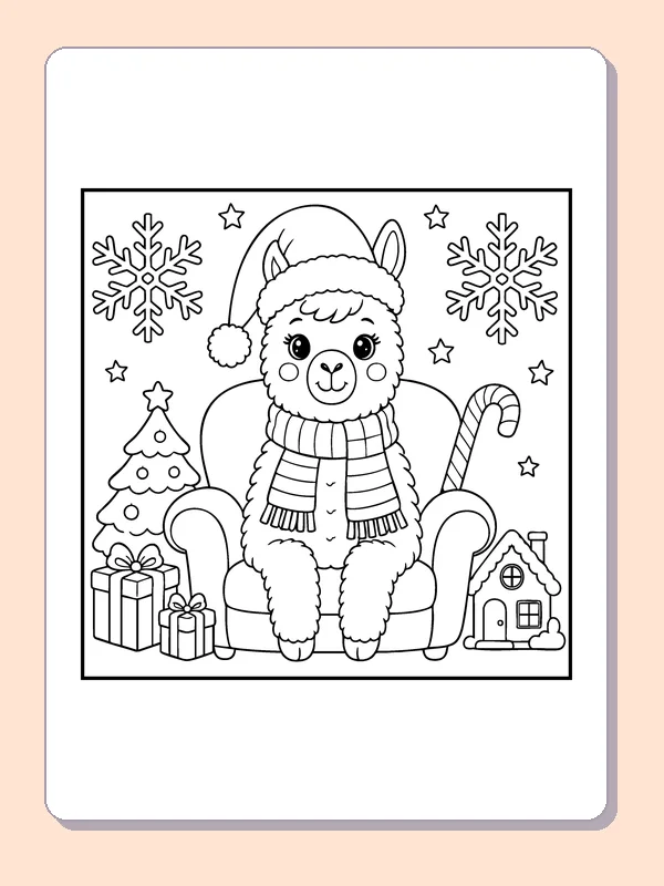 Llama in a Cozy Chair coloring page: black and white line art to print or color online