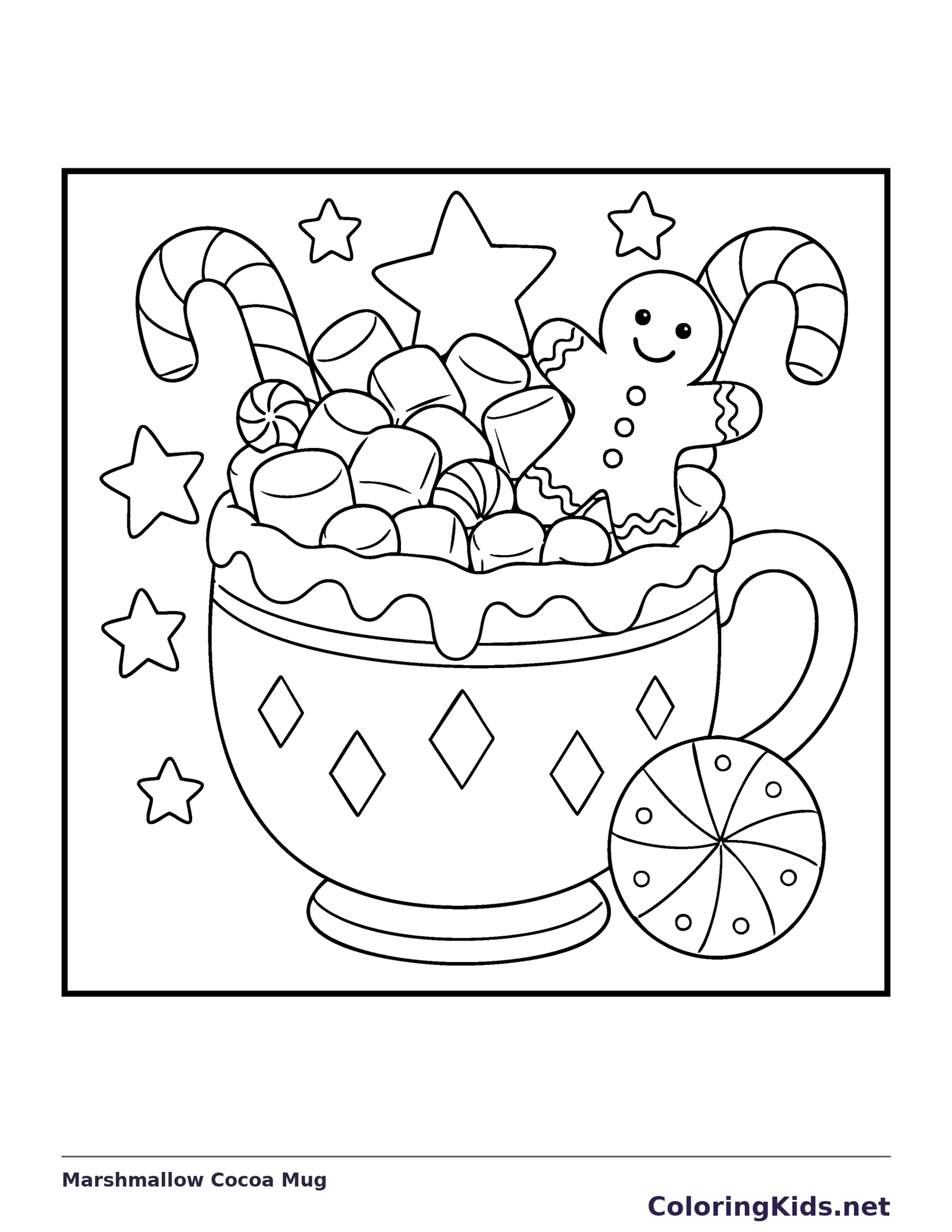 Marshmallow Cocoa Mug coloring page: black and white line art to print or color online