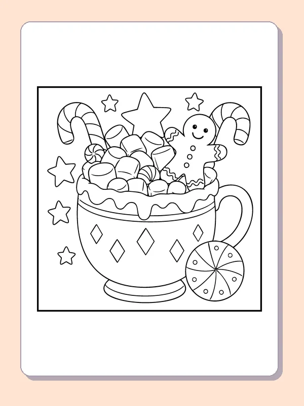 Marshmallow Cocoa Mug coloring page: black and white line art to print or color online