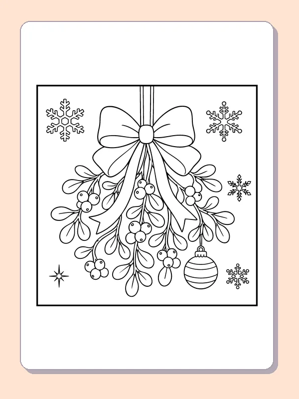 Mistletoe with a Bow coloring page: black and white line art to print or color online