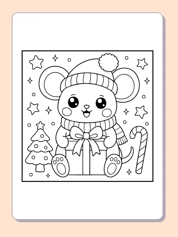 Mouse in a Knit Hat coloring page: black and white line art to print or color online