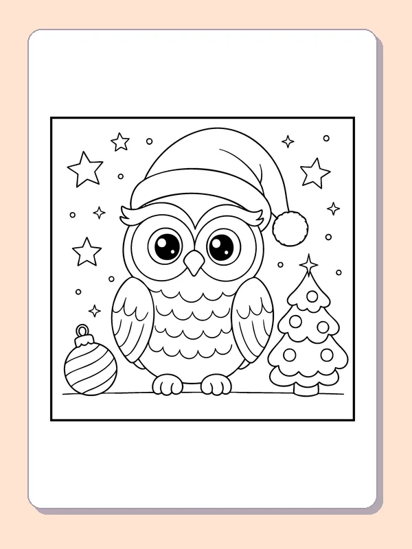 Owl in a Winter Hat coloring page: black and white line art to print or color online