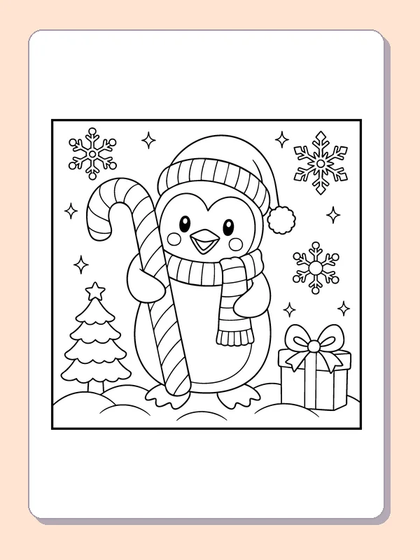Penguin beside a Present coloring page: black and white line art to print or color online