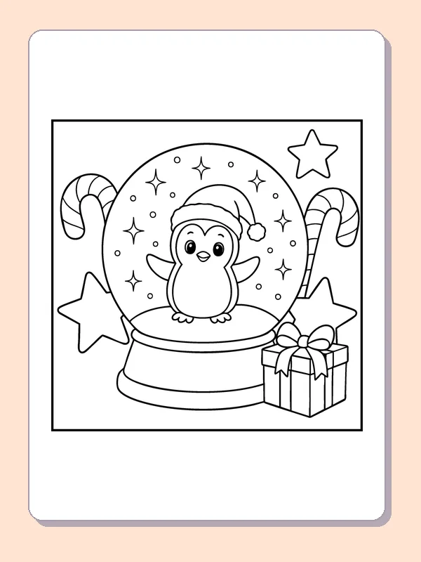 Penguin in a Snow Globe coloring page: black and white line art to print or color online