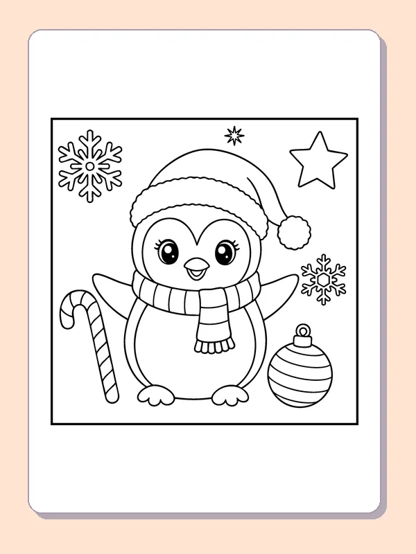 Penguin with a Candy Cane coloring page: black and white line art to print or color online