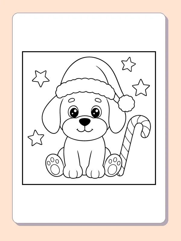 Puppy in a Santa Hat coloring page: black and white line art to print or color online